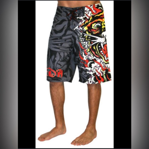 Vintage Ed Hardy tiger Black and Red Men's Swim Shorts - Picture 1 of 5